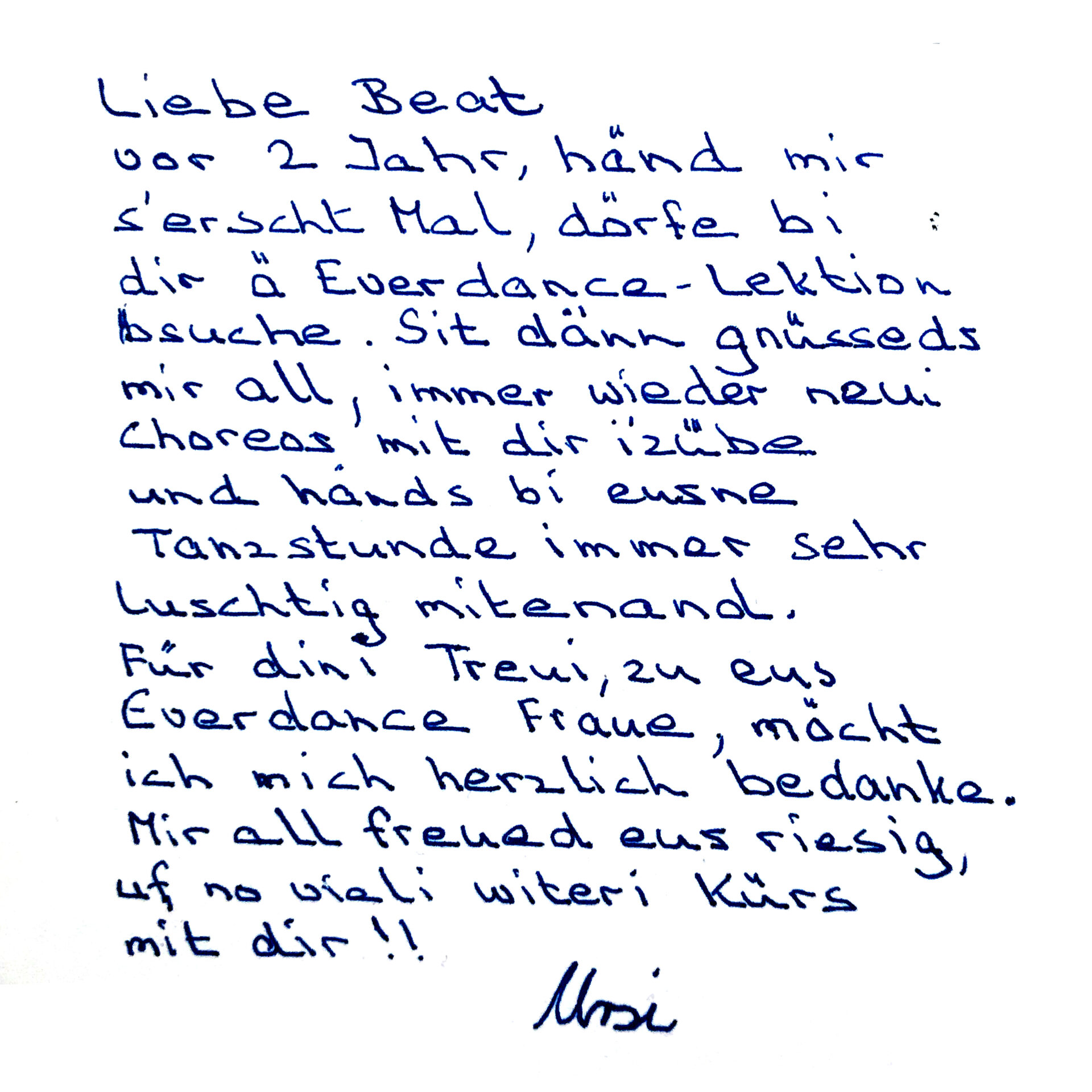 Teilnehmerin des Everdance-Tanzkurses bedankt sich mit einer handgeschriebenen Karte für die Lektionen der letzten zwei Jahre