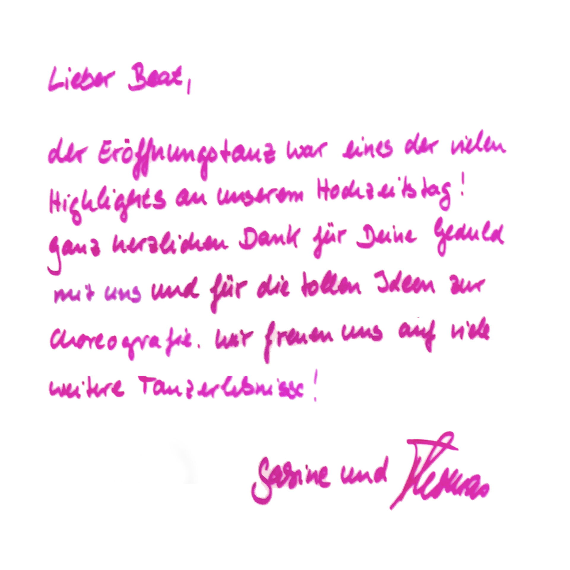 Dankeskarte eines Hochzeitspaares welches sich für den gelungenen Auftritt bedankt