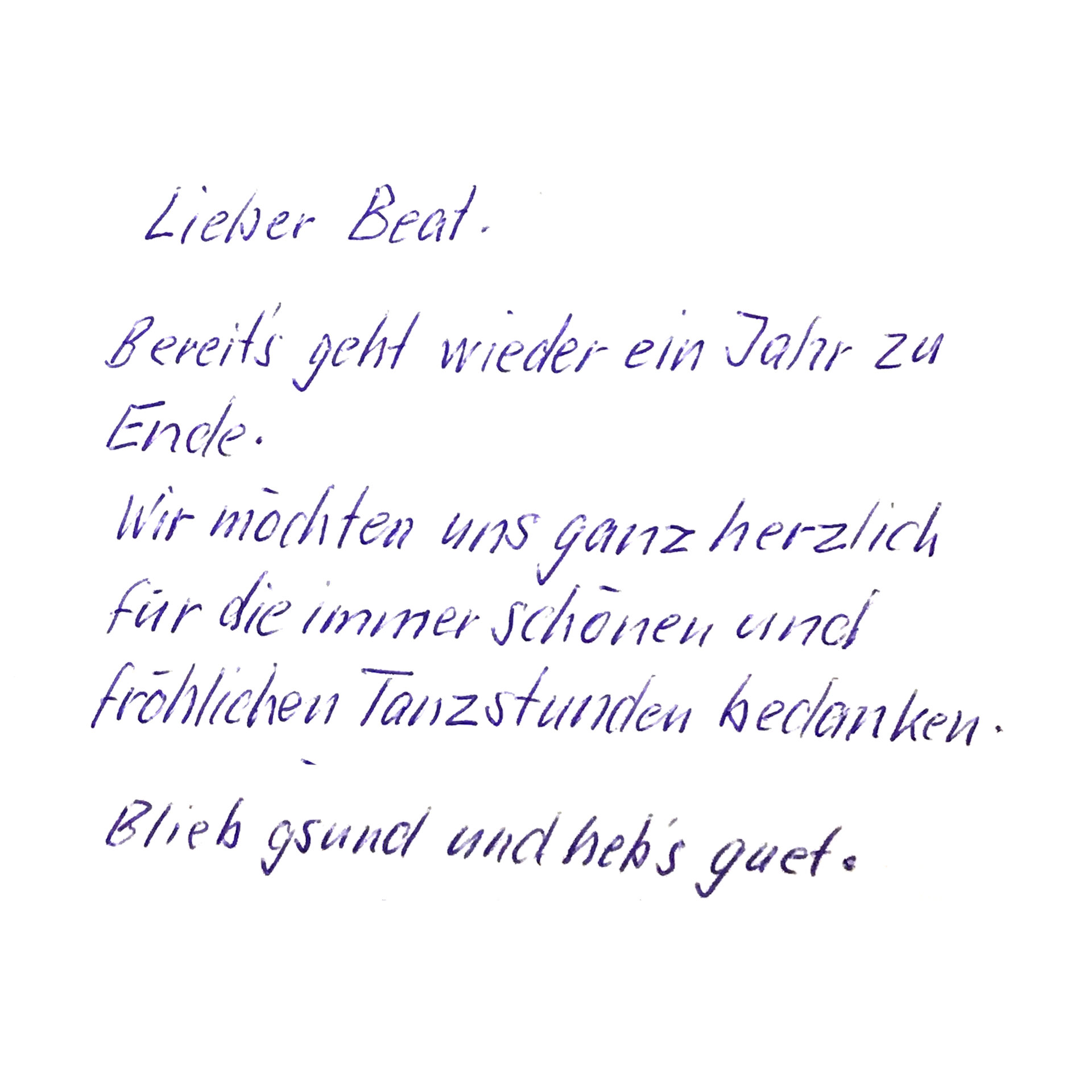 Weihnachtskarte einer zufrienden Kundin welche sich in einem persönlichen Text für die Lektionen des vergangenen Jahres bedankt